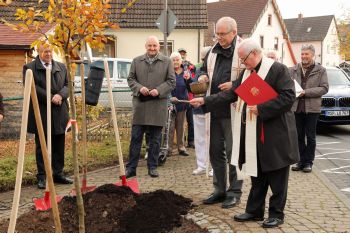Bischof Bahlmann und Bischof em. Hofmann segnen den Partnerschaftsbaum.